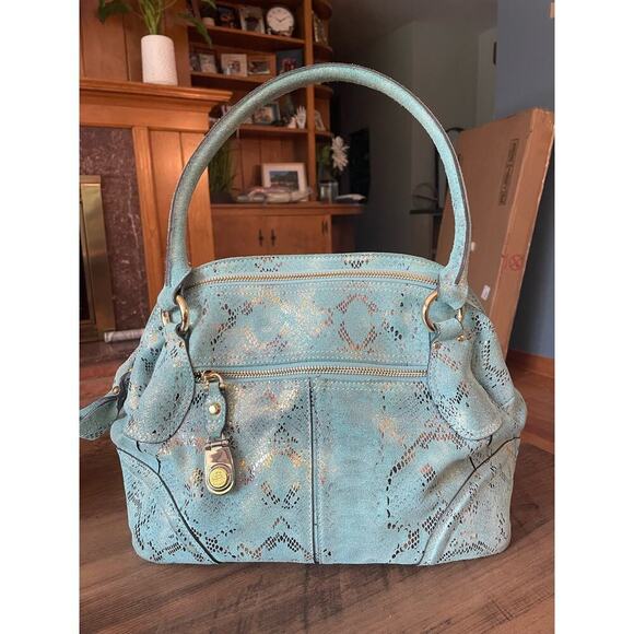 B Makowsky Handbags - B. Makowsky Suede Gold and Turquoise Spatter Paint Should Bag
